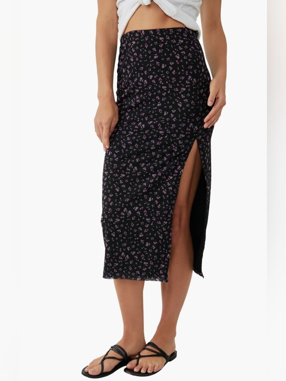 FREE PEOPLE Rosalie Mesh Midi Skirt Small Black Combo Lavender Ditsy Floral